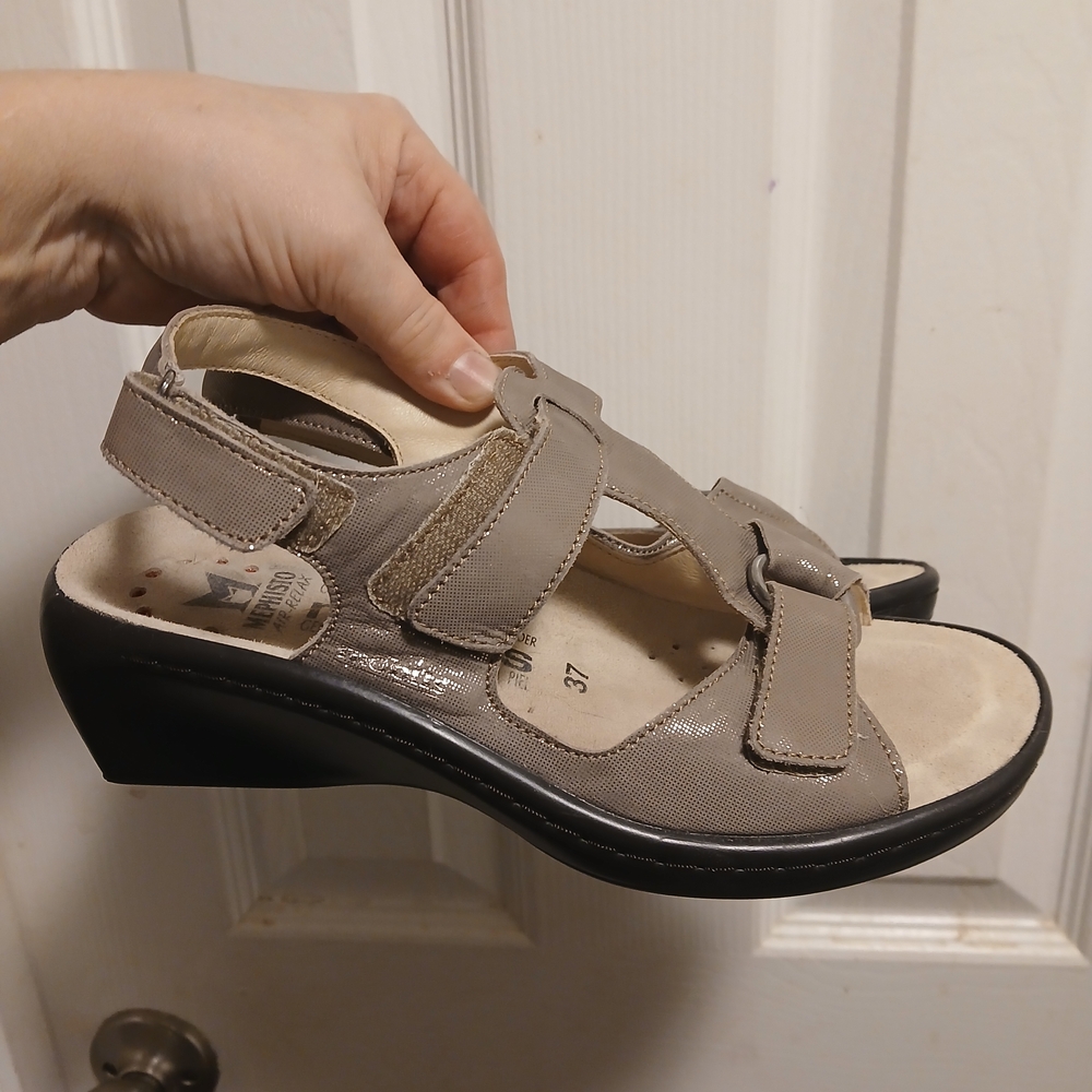 Mephisto Taupe Sandals with Black Wedge